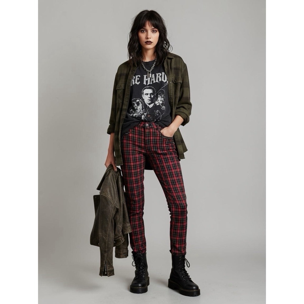 Rue 21 Red Black Plaid Skinny Pants Y2K Grunge Tartan Zip Pocket Size 7/8